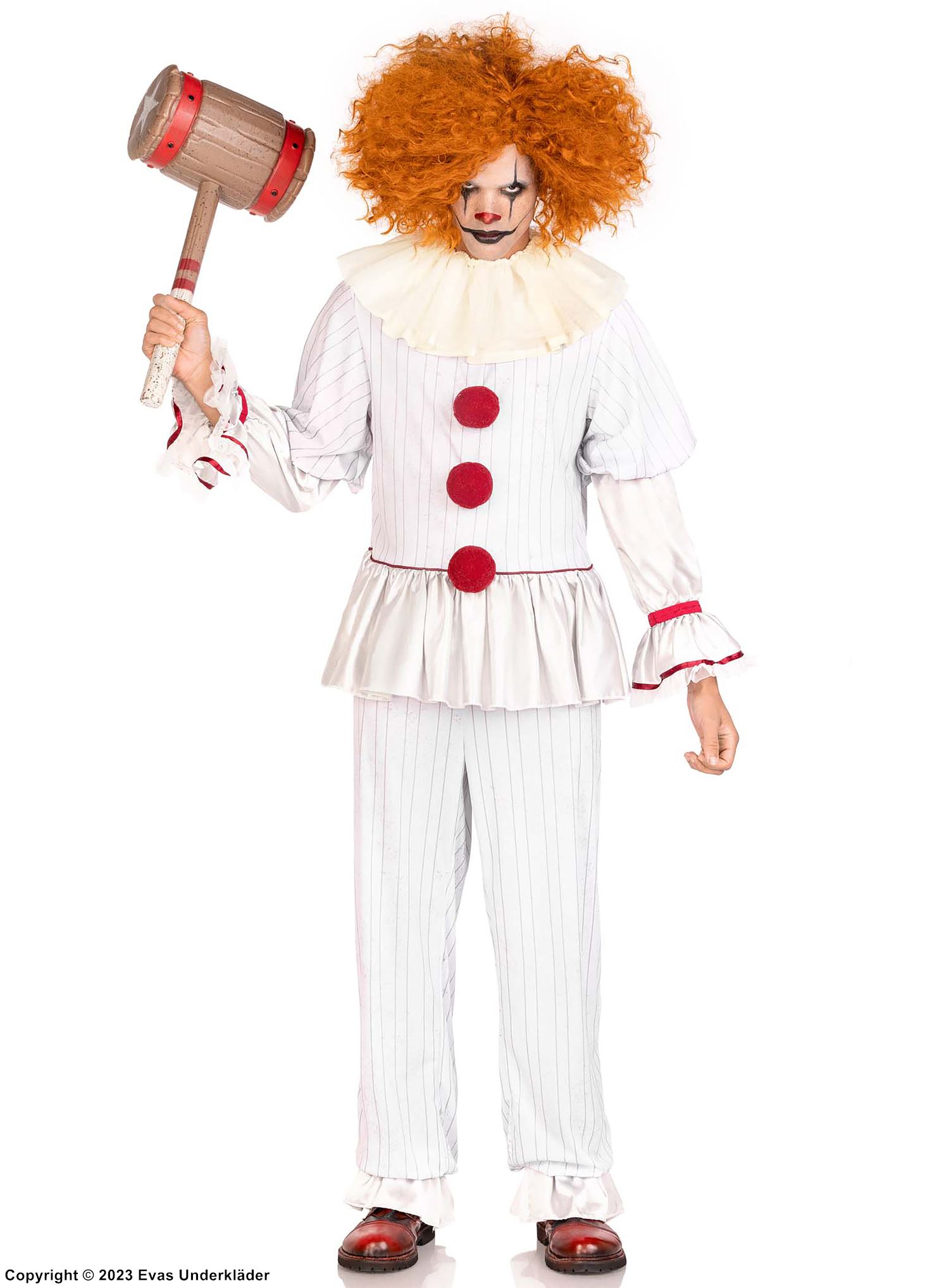 Gruseliger Clown aus "Es", Kostüm-Oberteil und -Hose, Rüschen, lange Ärmel, Bommelknöpfe